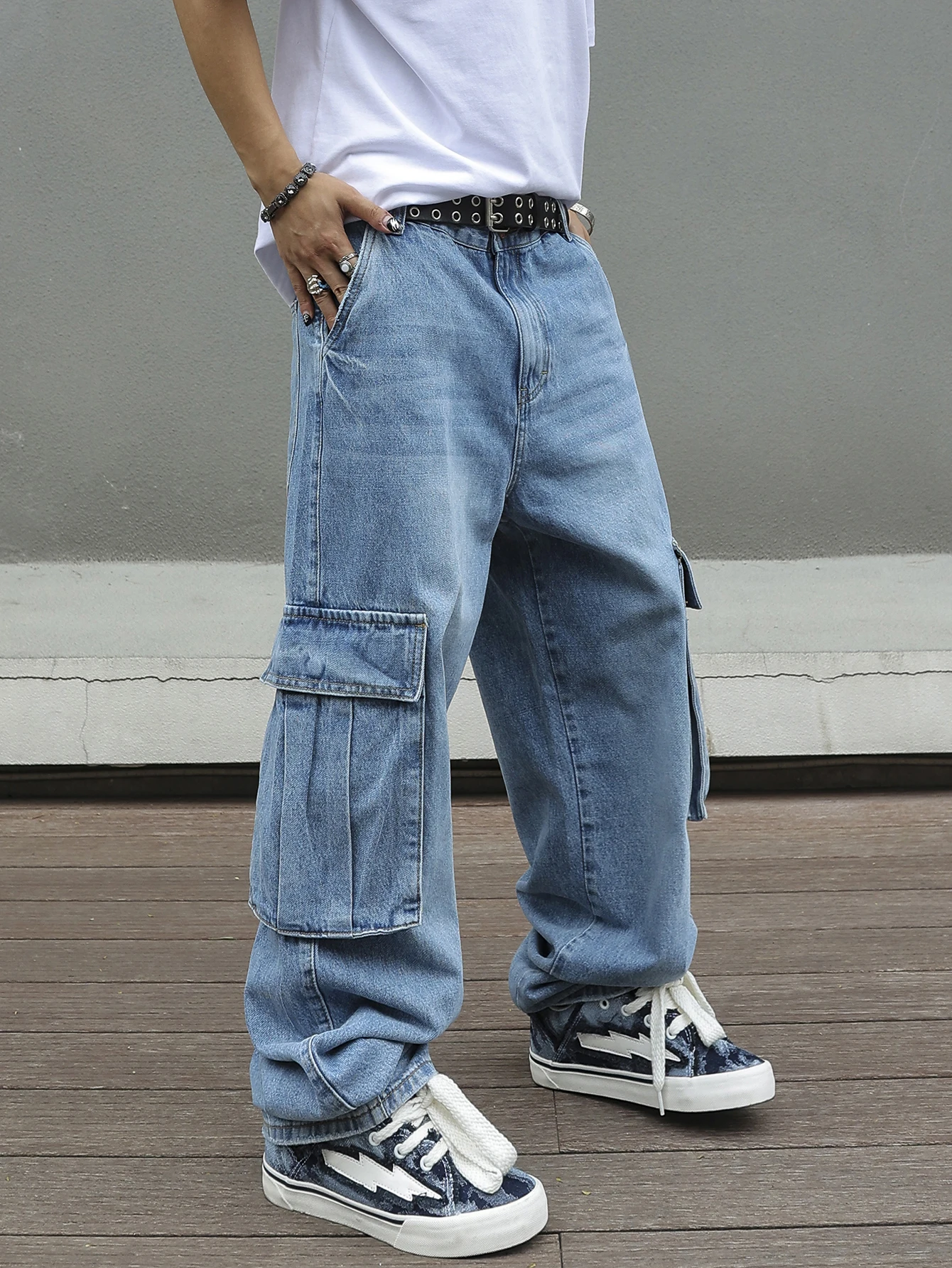 ผู้ชาย Baggy Cargo กางเกงสีฟ้าล้าง DENIM Multi-Pocket กางเกงยีนส์ขากว้าง VINTAGE ดูหลวม Fit streetwear สไตล์