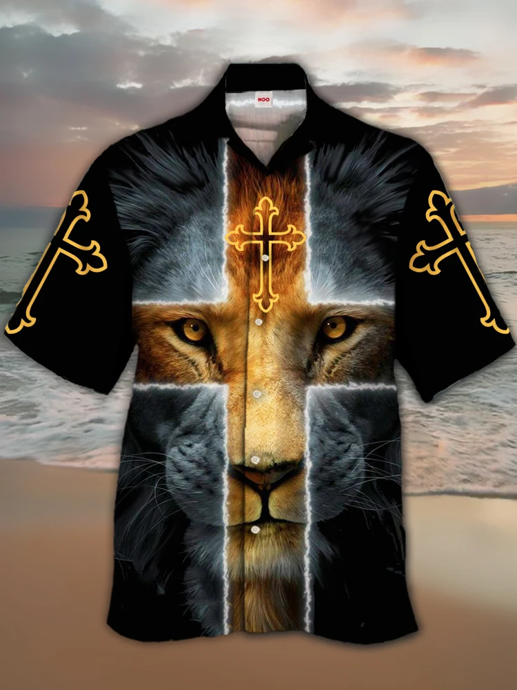 

2024 Eye-Catching Ukiyoe Black Lion And Cross 3D Printing Wolf Painting Short Sleeve Shirts For Men Fashion Hawaiian Shirt