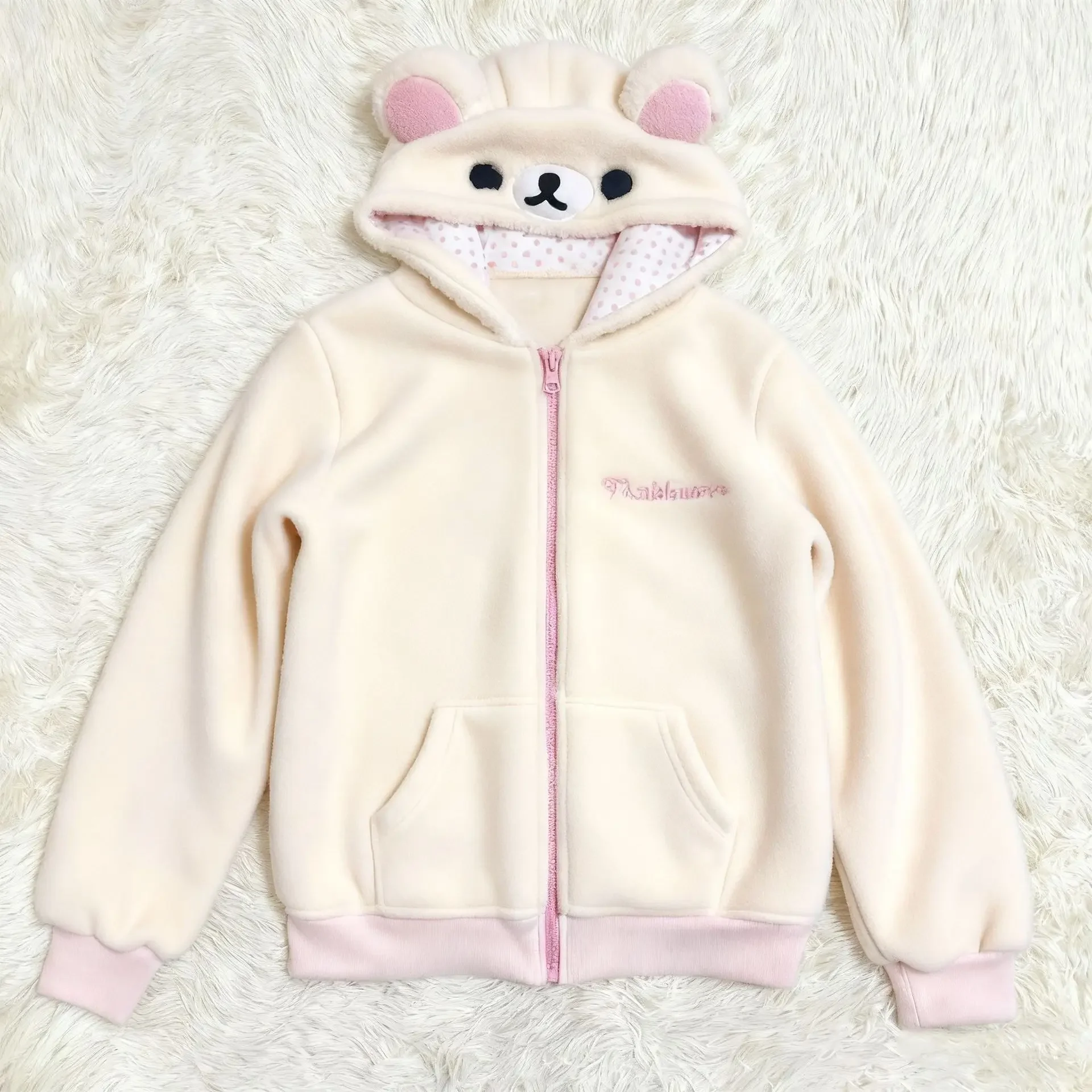 Autumn and Winter Girls' Fleece Lined Warm Japanese Sweet and Cute Soft Girl Clothing Moe Bear Color-Blocked Hooded Jacket