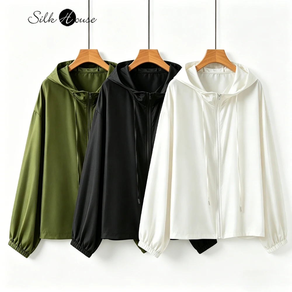 

Women's Early Autumn New 100% Natural Mulberry Silk Electric Spinning Long Sleeve Sunscreen Skin Friendly Hoodie Versatile Coat