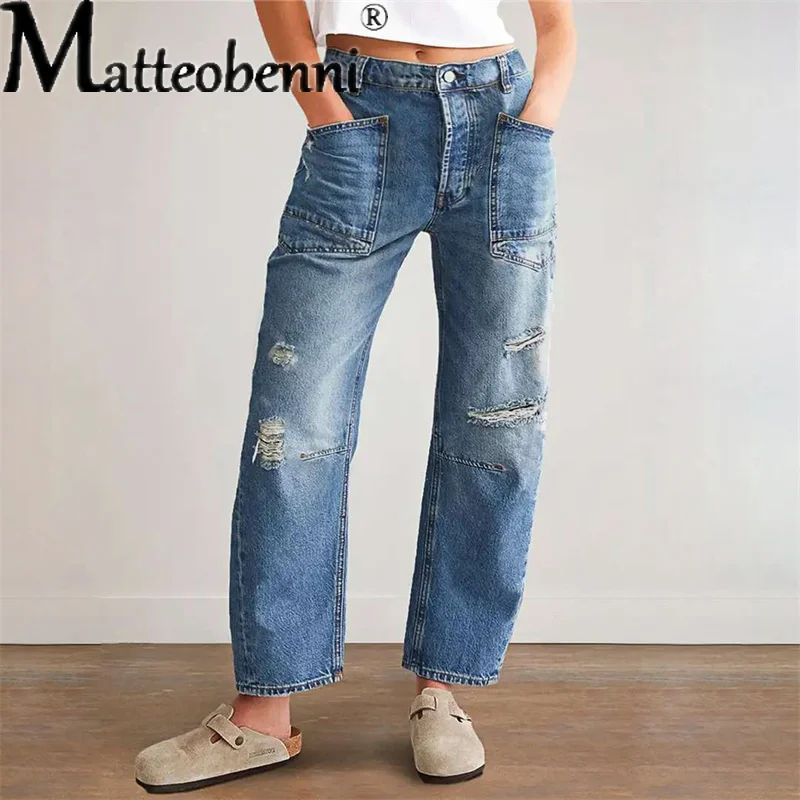 

2025 Women Retro Ripped Jeans Casual Loose Straight Leg Jeans Lady Patchwork Banana Denim Pants Comfortable Classic Streetwear