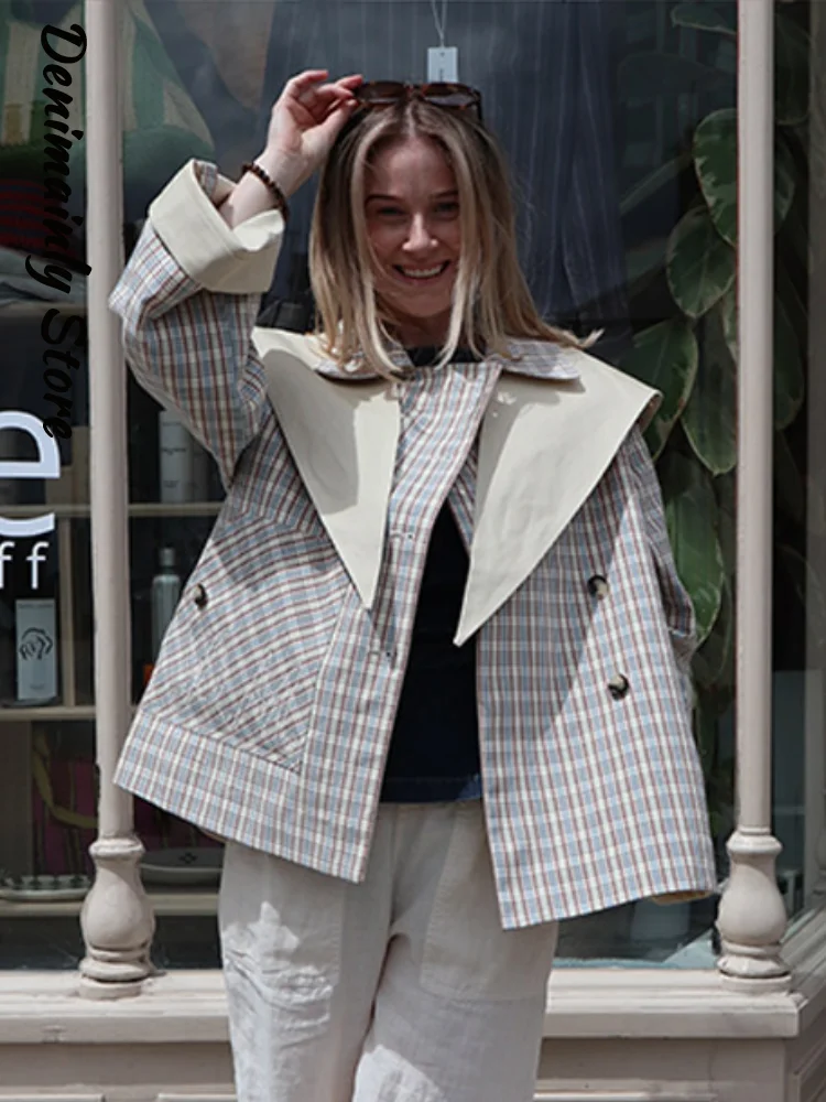 Casual Women's Double Faced Plaid Jacket Loose Shawl Collar Double Breasted Trench Coats 2026 Autumn Lady Casual Windbreaker