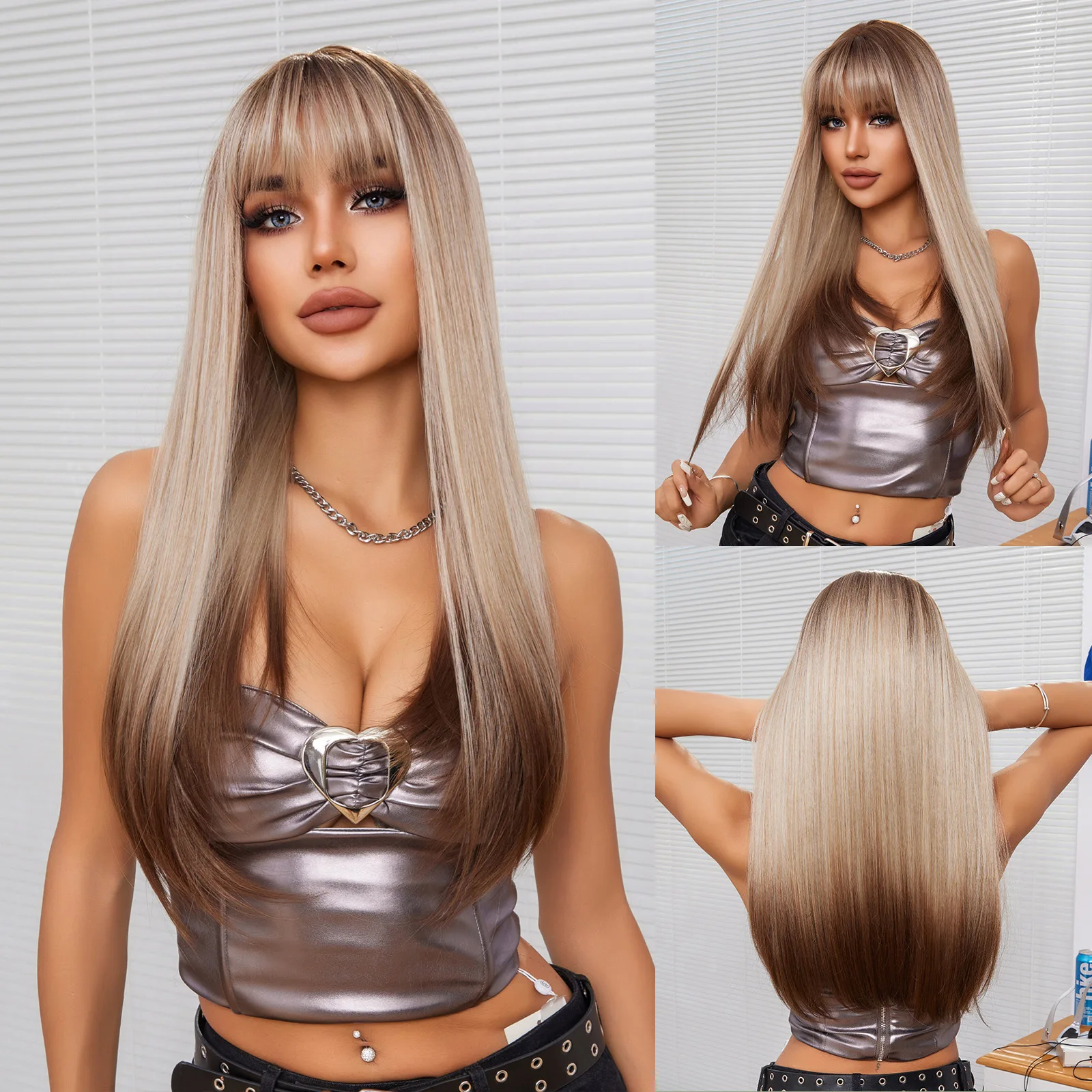 Perruque complète pour femmes, style européen et américain, longue et droite avec frange, coiffure de cosplay pour influenceuses, facile à coiffer