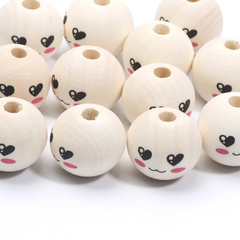 20mm 10pcs Wood Color Round Balls Smiling Wooden Beads For Jewelry Making DIY Jewelry Necklaces Decoration Handmade Accessories