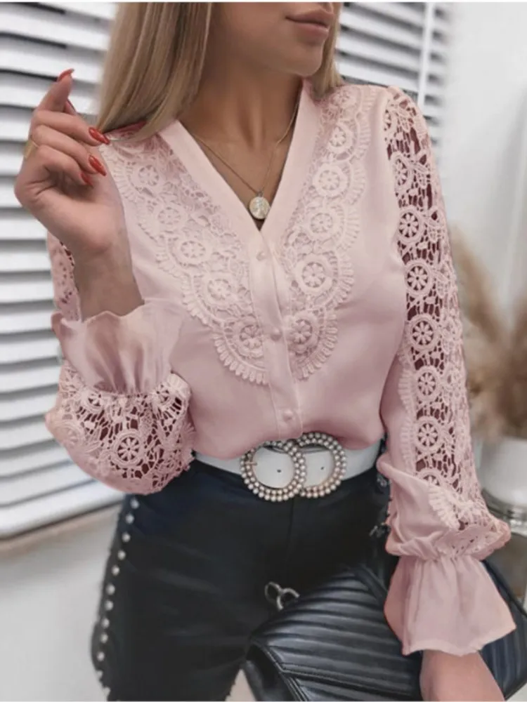 New Women Sexy White Lace Patchwork Shirt Blouse Long Sleeve O-Neck Mesh Tops 2024 Spring Autumn Elegant Hollow Out Pink Shirts