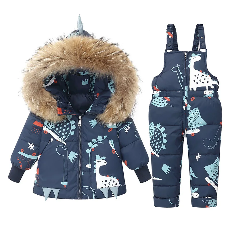 RAISE Winter Children Boy 2PCS Clothes Set Real Fur Down Jacket For Girls Kid Baby Boy Animal Overalls Outfit Boy Outerwear Coat