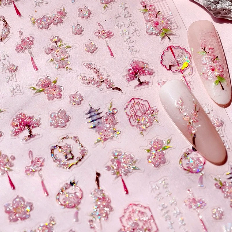 

Romantic Pink Peach Blossom Tower Circular Fan Hollowed Window Tassel Pendant Antique Tree Chic Nail Art Stickers Manicure Decal