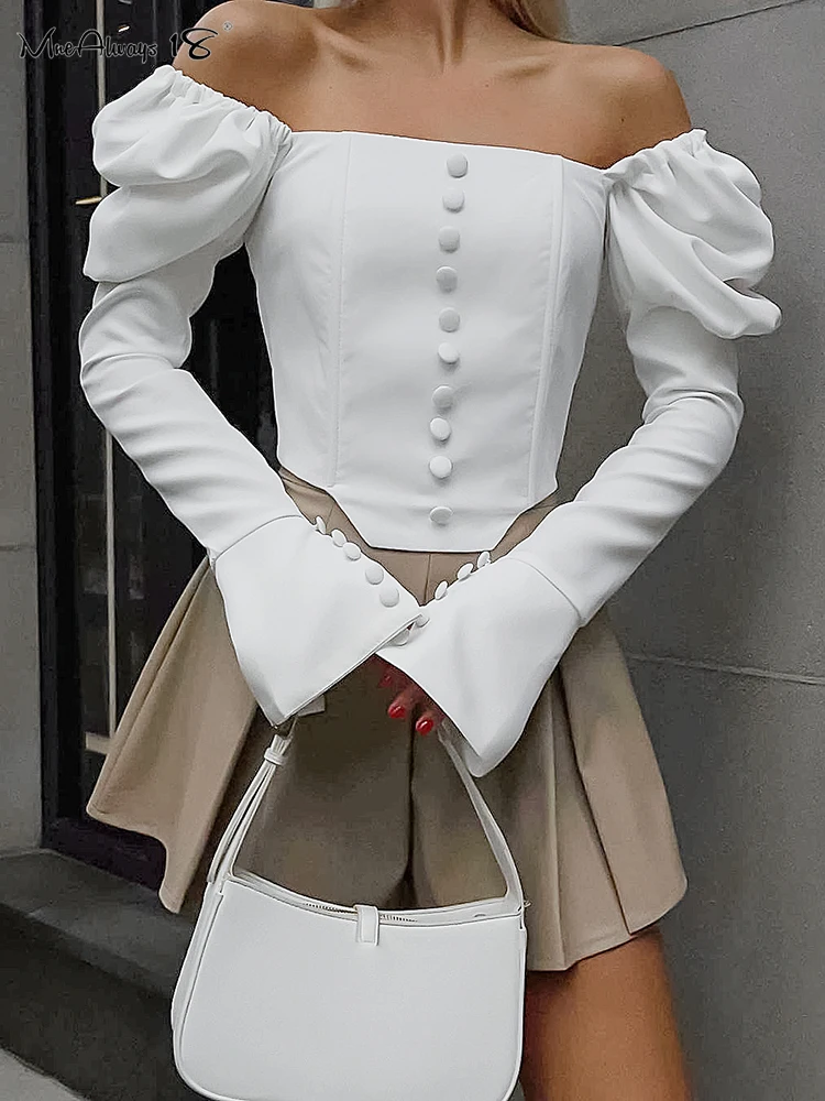 Mnealways18 High Street Women White Sexy Button Shirts Lantern Sleeve Ruched Female Blouses And Tops Spring 2024 Slim Cropped