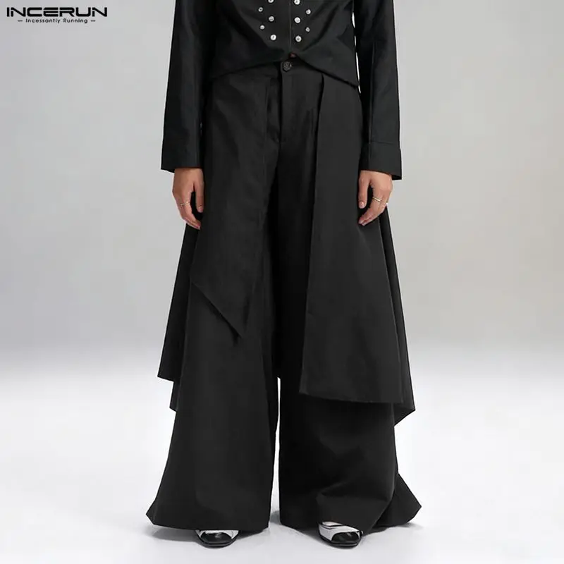 

INCERUN Men Wide Leg Pants Solid Color Button Joggers Oversize Irregular Trousers Men Streetwear Loose Fashion Casual Long Pants