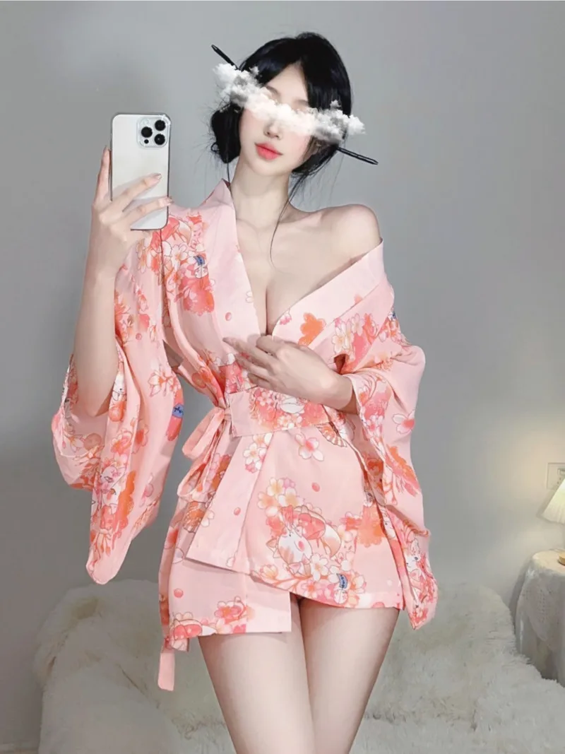 Spring Autumn New Women's Japanese Cherry Blossom Printing Sweet Cute Nightgown Bathrobe Sexy Deep V Temptation Nightgown LRI9