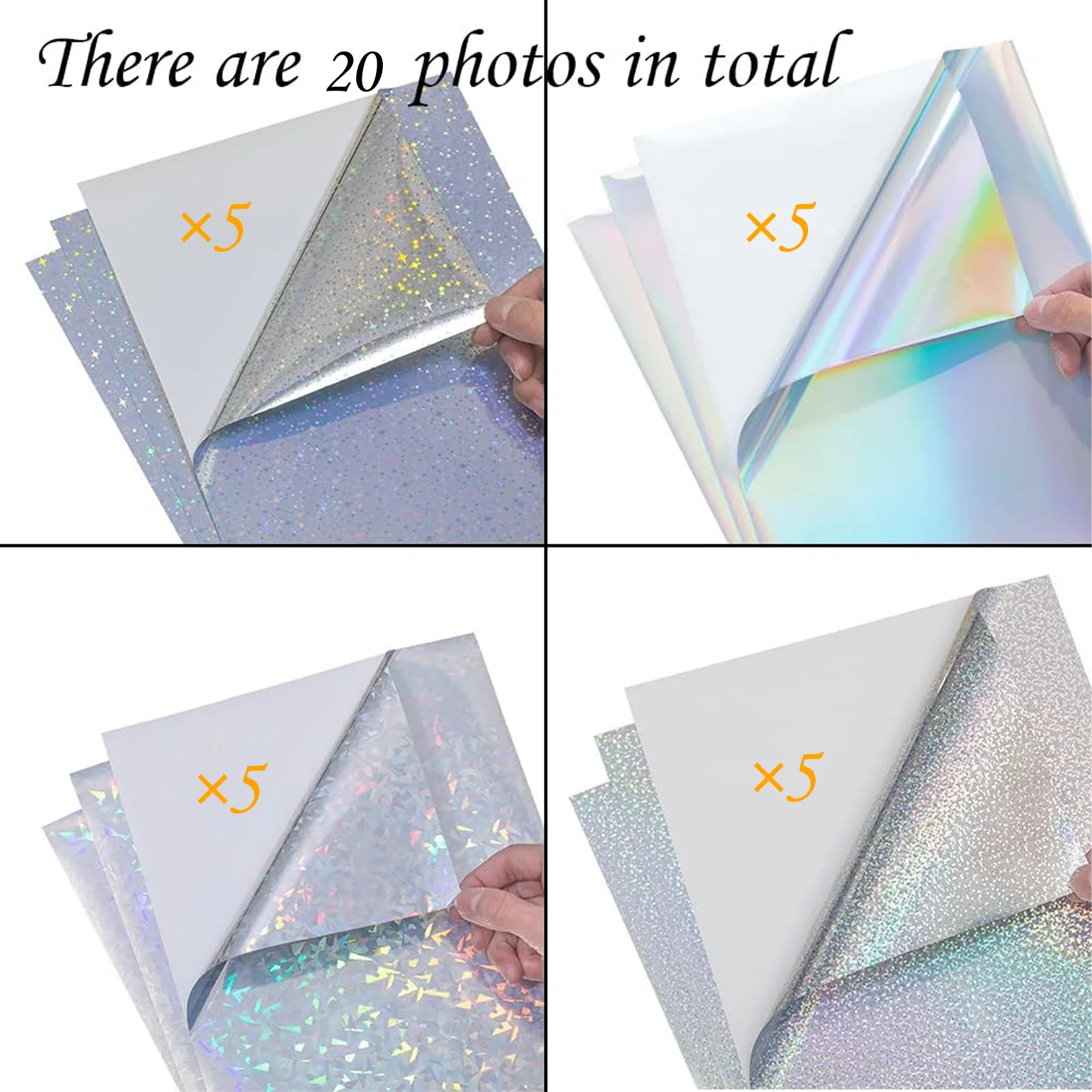 A4 Size 20Pcs Printable Holographic Vinyl Stickers Paper, 4 Mixed Styles Water-Resistant Vinyl Stickers for Inkjet Printing
