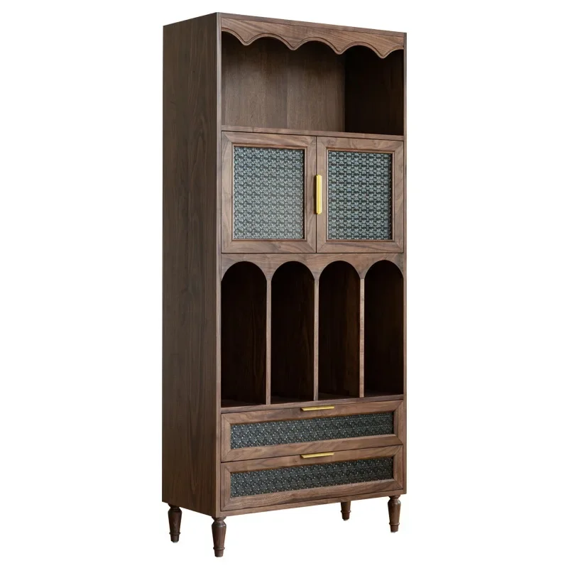 

Nordic retro locker integrated against the wall, black walnut all solid wood ornament medieval living room bookcase
