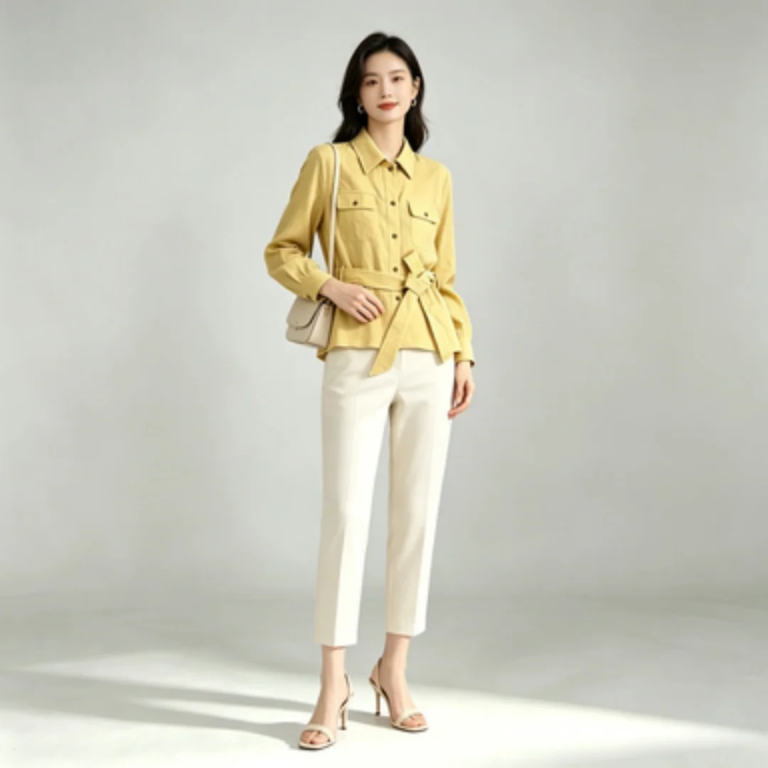 Women Versatile Belted Long Sleeve Shirt