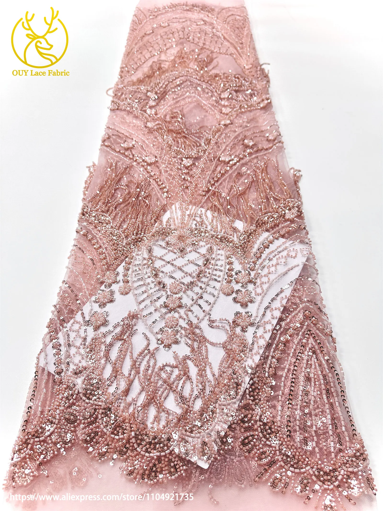 3D Luxuriöser Afrikanischer Handgefertigter Perlen-Spitzenstoff 2026 Französischer Nigerianischer Pailletten-Spitzenstoff für Brautkleider und Hochzeitskleider – Detail 17
