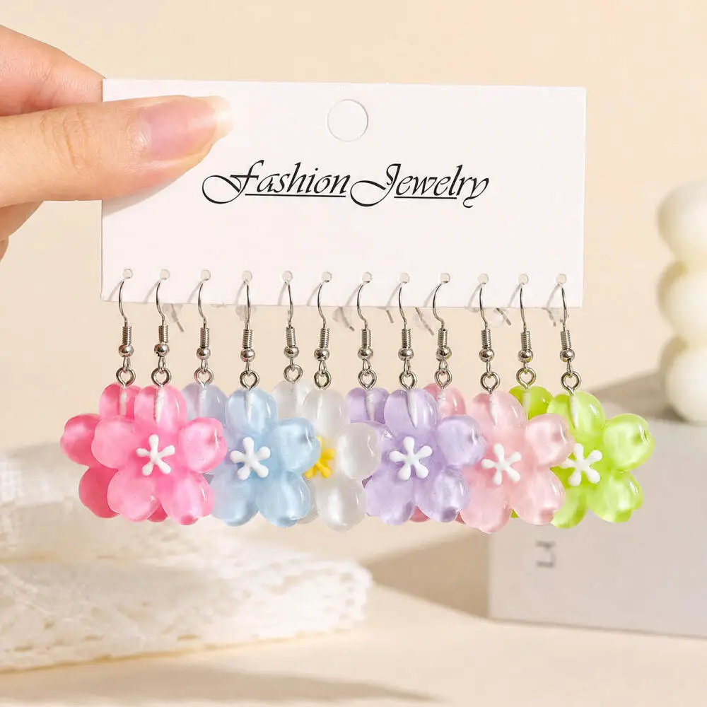 6/24 Pairs Jelly Crystal Sakura Earrings, Dopamine Daisy Cherry Blossom Drop Earring Set, Cute Fashion Daily Wear Earrings