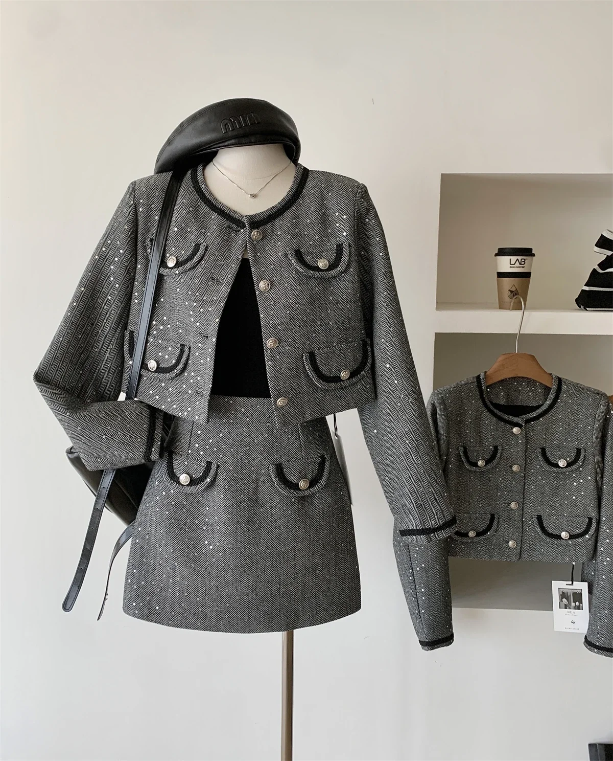 Autumn and Winter Socialite 20% Wool Coat French Socialite Herringbone Pattern Women's Suit Jacket + Short Skirt Two-piece Set