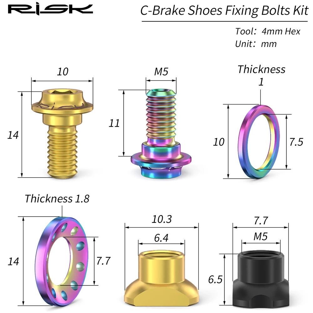 RISK 16PCS Titanium Alloy Bicycle C Clip Brake Block Fixed Screw Kits  V Brake Bolts Nuts Gasket General for UT/DA/105 Road Bike