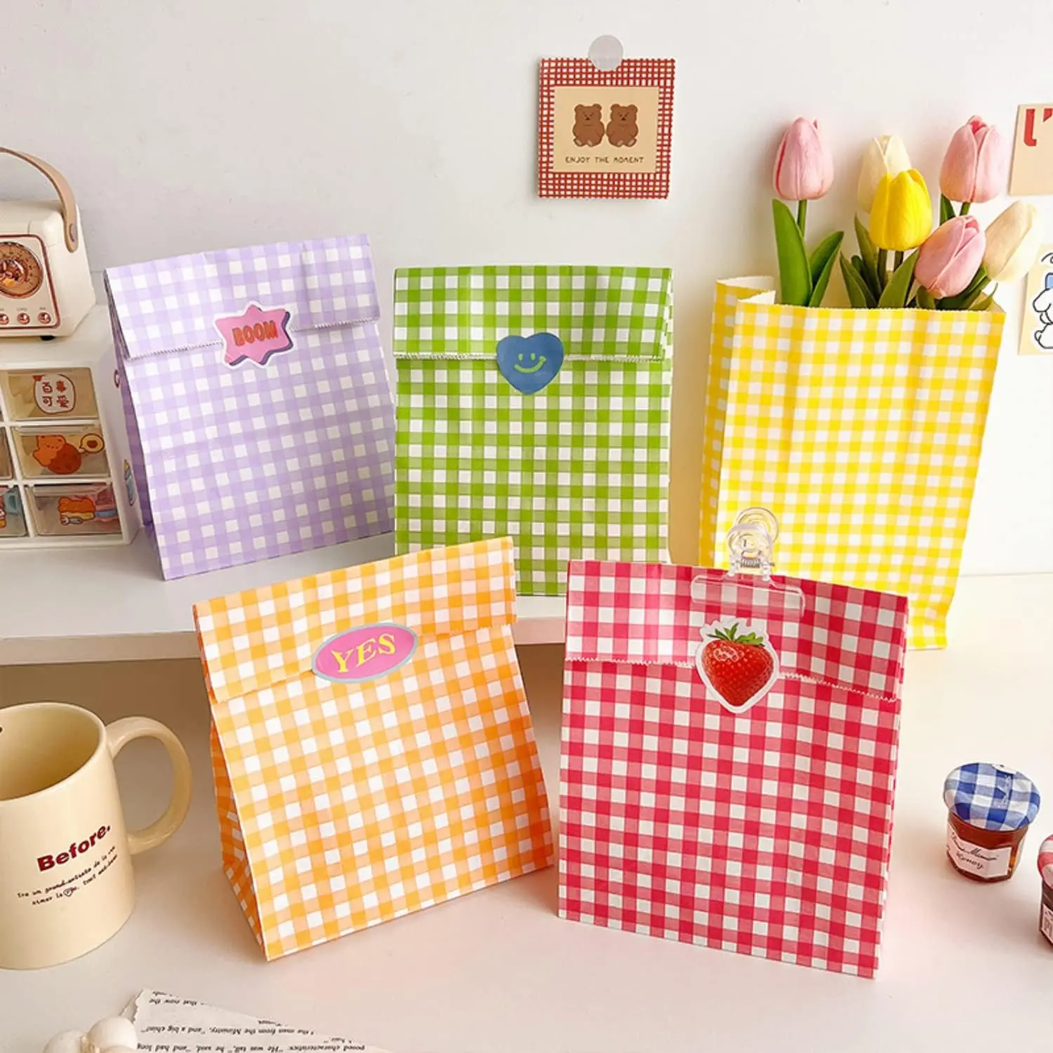 10 Pieces Colorful Checkered Gift Bags - 5 Vibrant Colors, Premium Quality Paper Bags for Gift Wrapping Favors, and Special