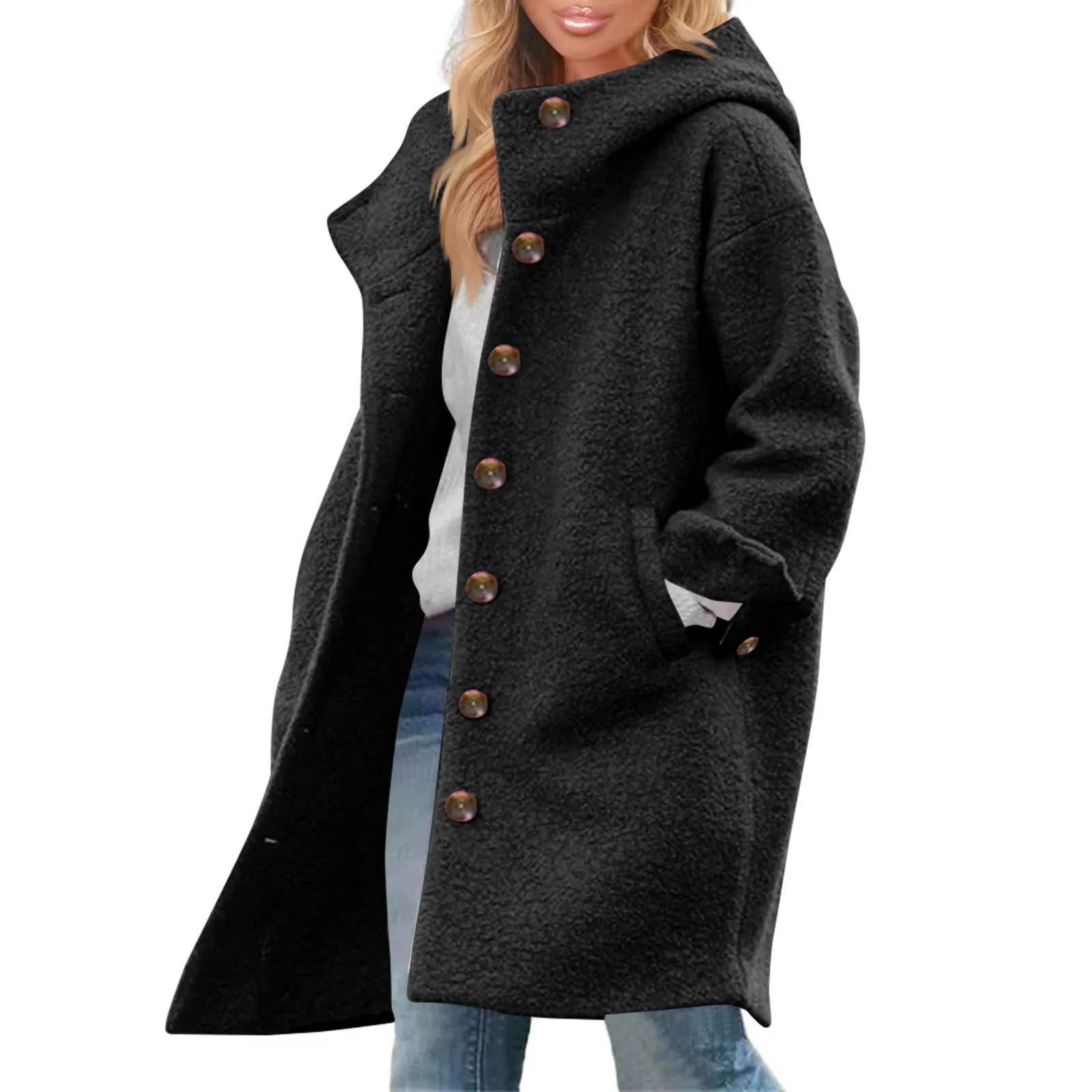 Womens Solid Color Jacket Casual Loose Fit Button Coats Button Up Long Sleeve Outerwear With Pocket Hooded Overcoat Jacket Coat