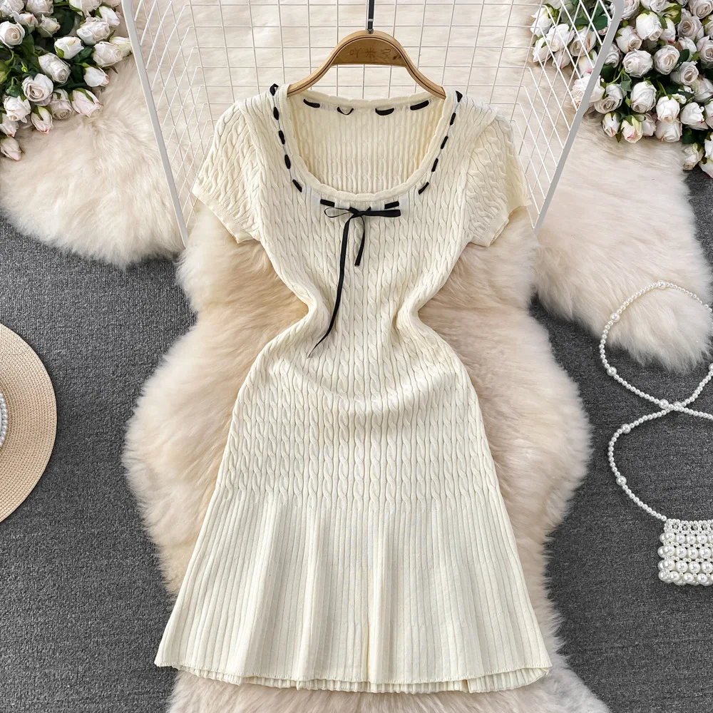 

Mini Dress Women Dresses A Line High Waist Bodycon Streetwear Knitted Short Sleeve Party Night Club Y2k High Waist Vestidos