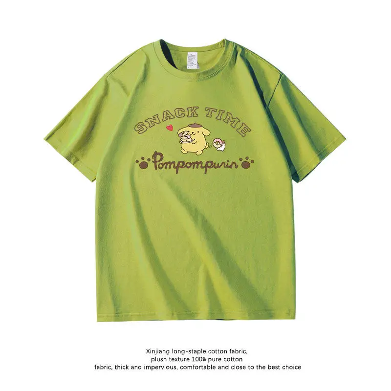 

Детская футболка из чистого хлопка, новинка лета, модная свободная одежда с короткими рукавами и мультяшным принтом Sanrio Pudding Dog для родителей и детей