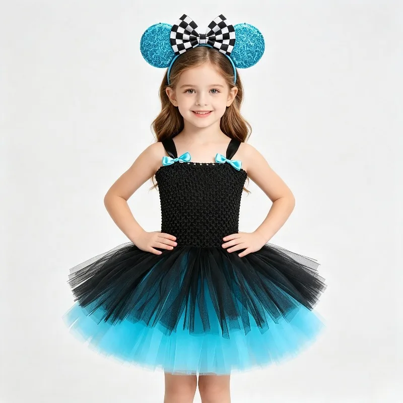 Halloween Christmas Girls Black Blue 3Layers Tulle Tutu Dress Fluffy Party Gown Kids Birthday Show Outfit Matching Bow Headband