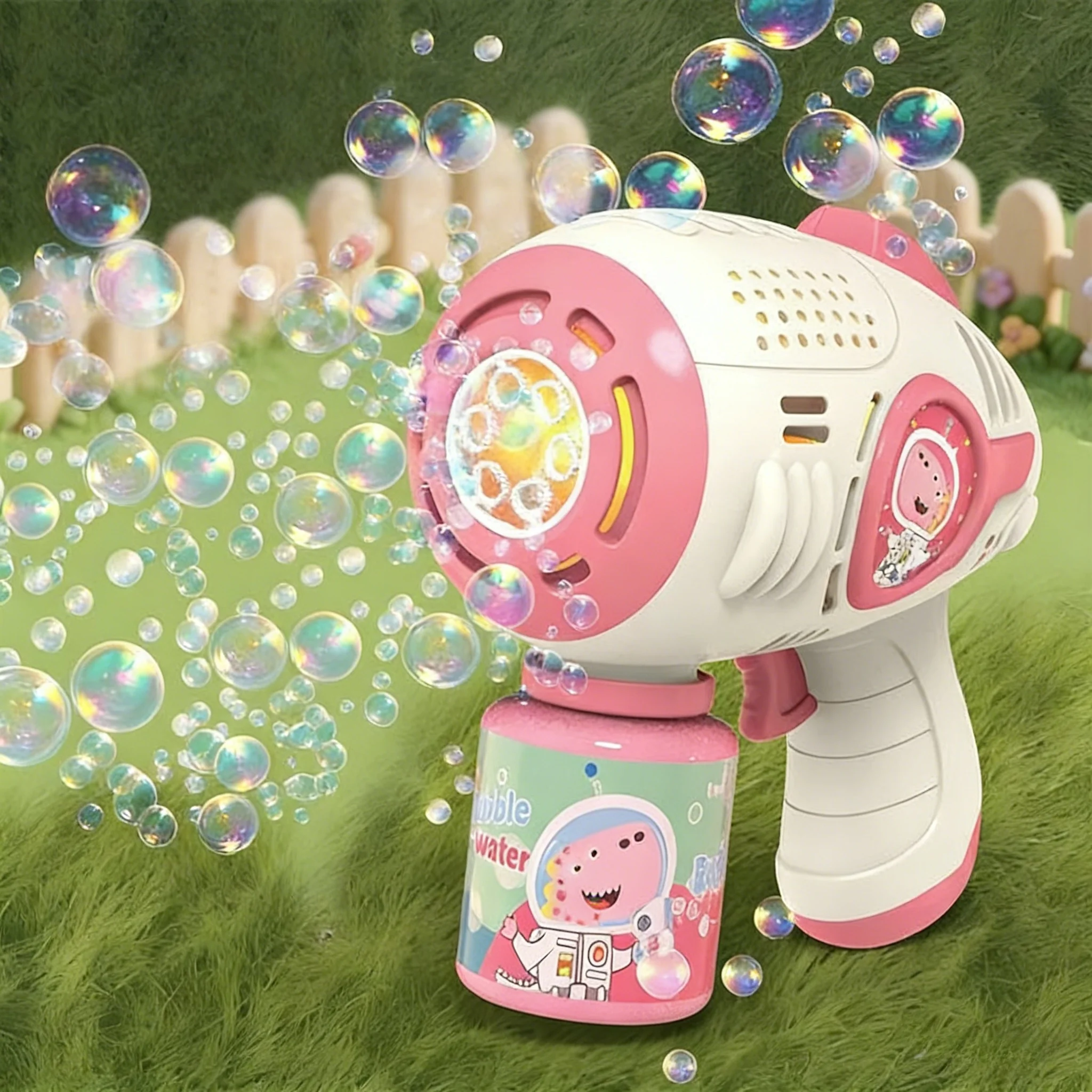 ปืนเป่าฟองสบู่อัตโนมัติสำหรับเด็ก ปืนเป่าฟองสบู่ไฟฟ้าแบบมือถือ รูปทรงไดโนเสาร์อวกาศ ของเล่นปืนสำหรับเล่นกลางแจ้ง พร้อมน้ำยาทำฟองสบู่ ของขวัญสำหรับเด็ก