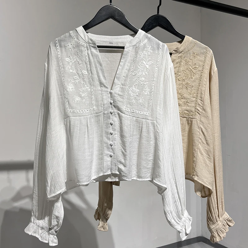 

Boho Beach V Neck Long Sleeve Blouses Shirts Women Tops Casual Floral Embroidery Cotton Blouse Shirt Autumn Blusas Ladies Top