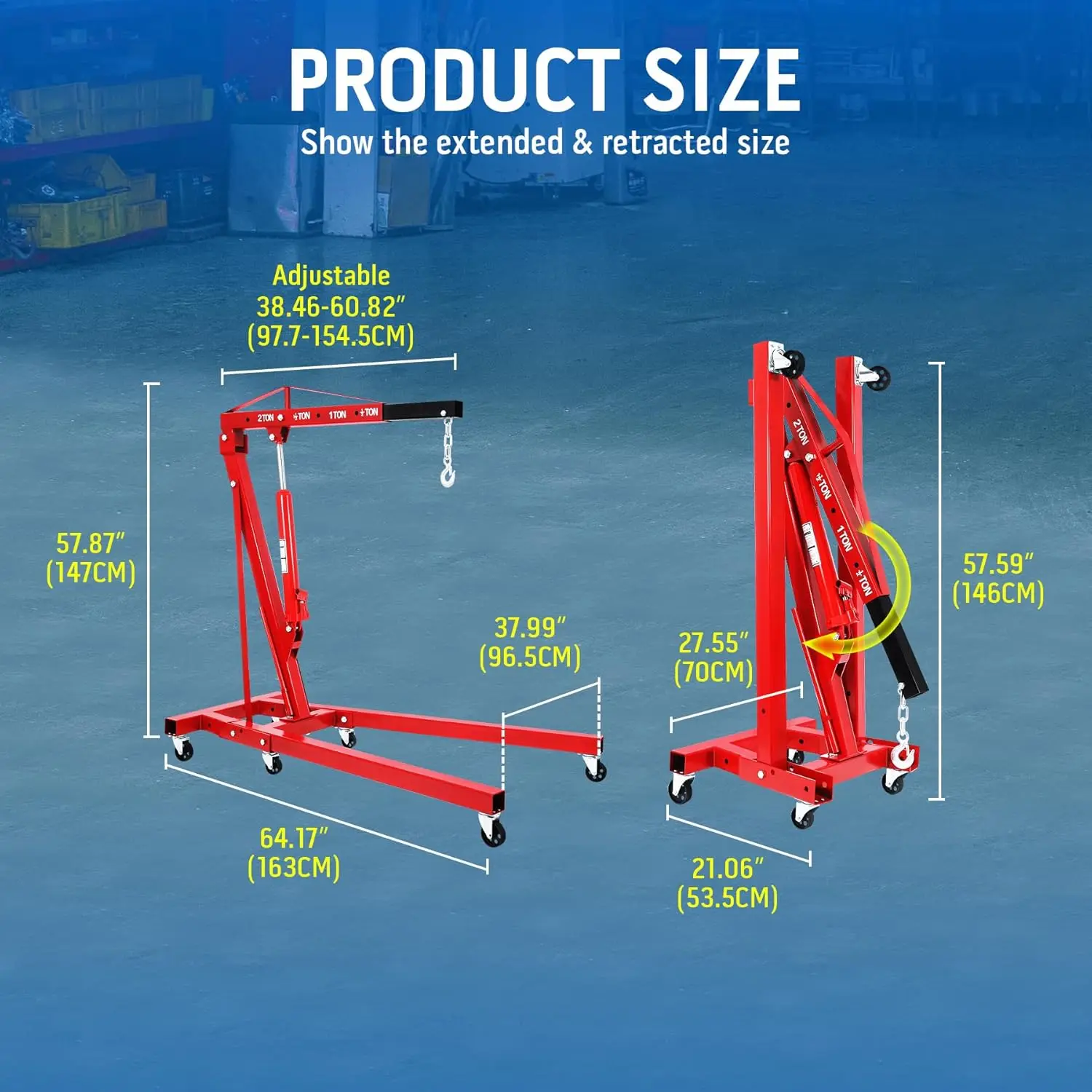 Hydraulic Engine Crane Hoist, 2 Ton Folding Motor Hoist Cherry Picker Heavy Duty Steel 4400Lbs Lifting With 6 Casters For