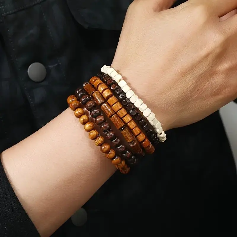 24pcs/set Men\'s Retro Trendy Multi-layer Bracelet Set, Versatile Elastic Thread Wooden Bead Bracelet