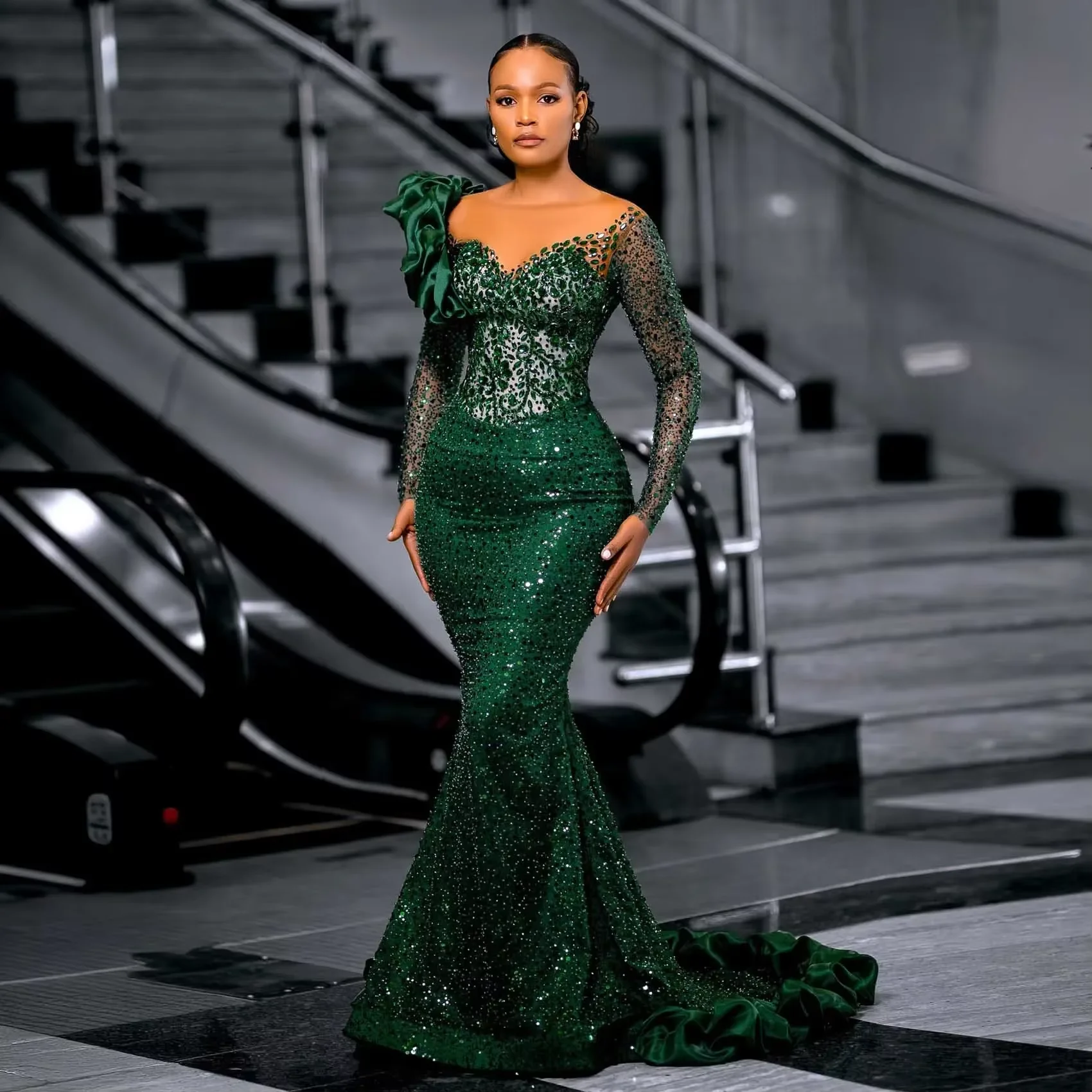 Emerald Green Glitter Mermaid Evening Dress Lace Long Sleeve Shining Beaded prom Birthday Ball Dress african Customization