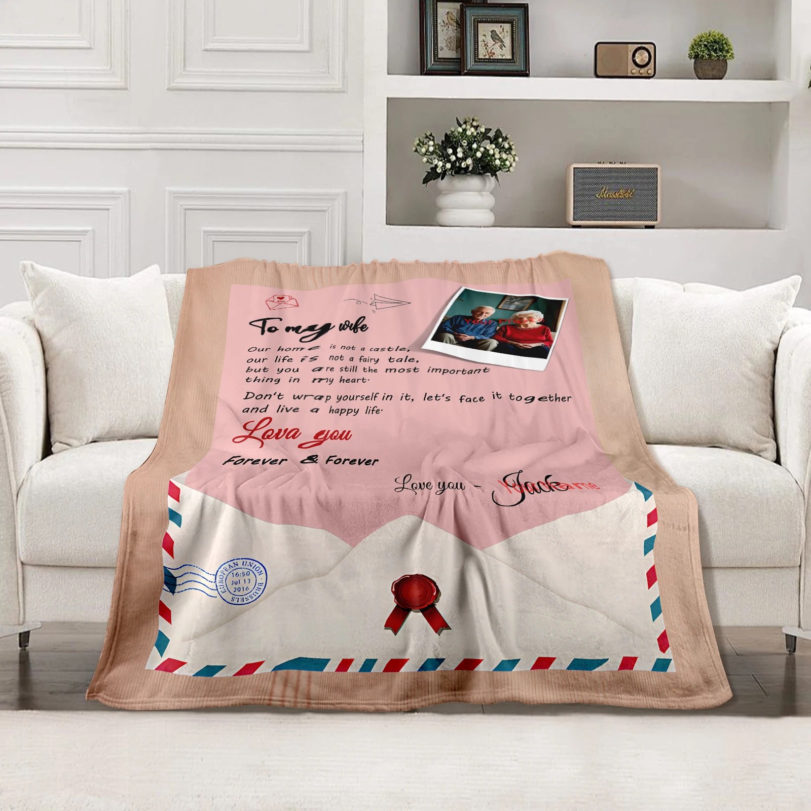

Personalized Love Letter Flannel Blanket for Wife, Custom Photo "To My Wife", Anniversary Gift with Envelope and Romantic Decor
