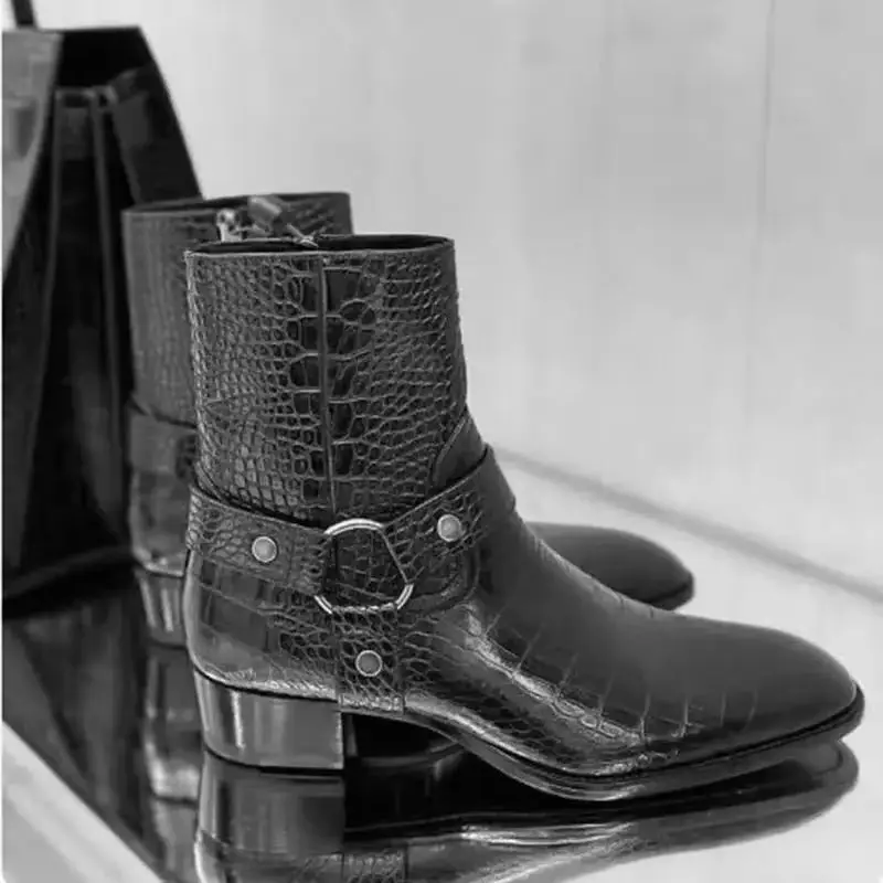 Handmade Factory Personalized Cow Leather Black Crocodile Pattern Pointed Toe Side Zipper Chelsea Wedge Boots