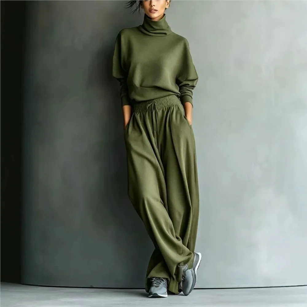Winter Damen Hochkragen Langarm Sweatshirt und Hose 2-teiliges Set Neue Mode Taschen Lässige Weite Sporthose Damenanzug