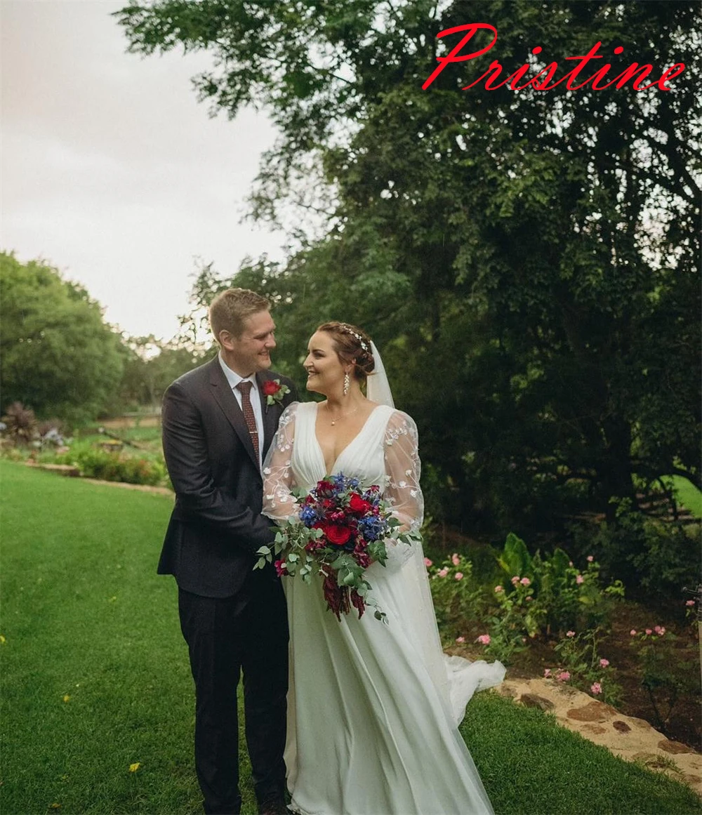 맞춤형 화이트 저지 신부 가운 기질 v 넥 긴 소매 웨딩 드레스 채플 트레인 아플리케 백리스 드레스