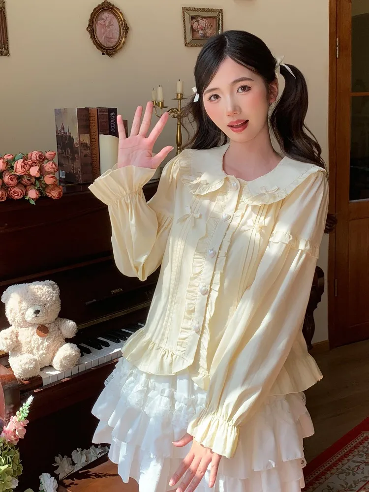 

Japanese Peter Pan Collar Lolita Blouses Fashion Sweet Puff Sleeve Shirt Women 2025 Early Autumn New Slim Fit Tops Mujer