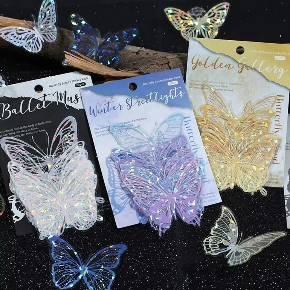 20pcs New PET Bright Sticker Butterfly DIY Colorful Scrapbook Stickers Cartoon Cake Topper Children Gifts