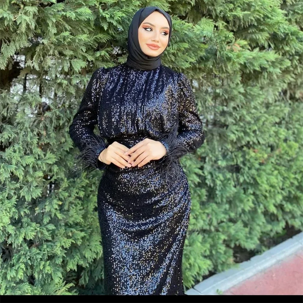 Sansa Modest High Neck فساتين سهرة Glitter Mermaid Prom Dresses Elegant Long Sleeves with Feathers Floor-Length Saudi Arabia