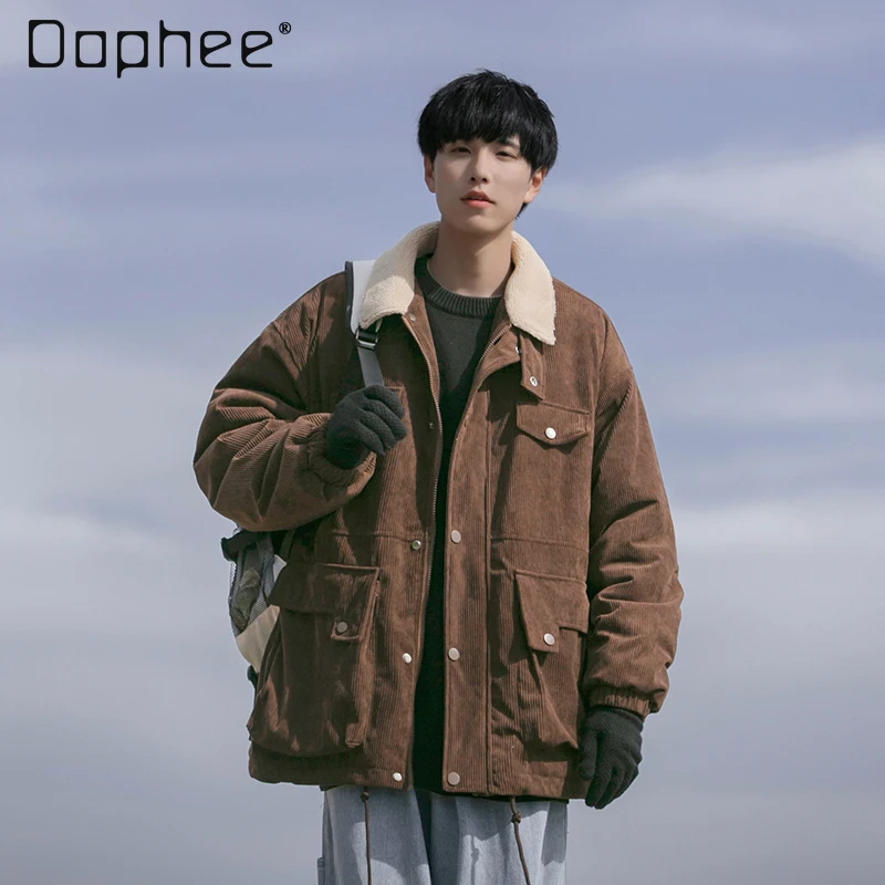 

2025 Winter Japanese Retro Men's Coffee Corduroy Cotton Jacket Casual Fleece Lined Thickened Workwear Blue Beige Cotton Coat