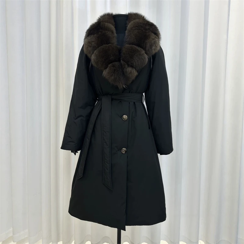 Winter Women Natural Fox Fur Collar Long Down Coat Luxury Warm Belted Waist Long Puffer Jacket High Quality Fashion Outerwear