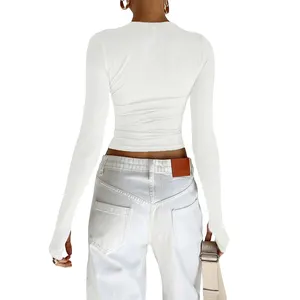 Camisetas de manga longa para mulheres, slim fit, pulôveres casuais, camisetas femininas básicas com buracos no polegar, streetwear, primavera e outono, Y2K 8 principais vendas blusa com furo manga - №4