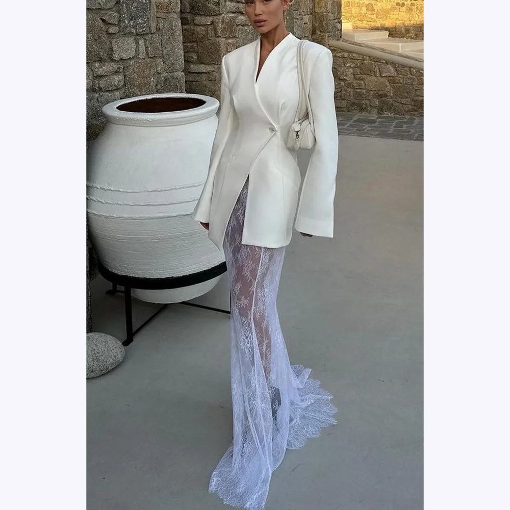 

Chic White Evening Dresses Women Suit Lace Full Sleeves V Neck Classic Casual Custom Made Office Lady Party Event Gowns
