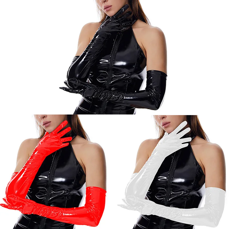 Women Costume Cosplay Long Patent Leather Gloves Sexy Wet Look Long Gloves Elbow Length Long Gloves for Wedding Evening