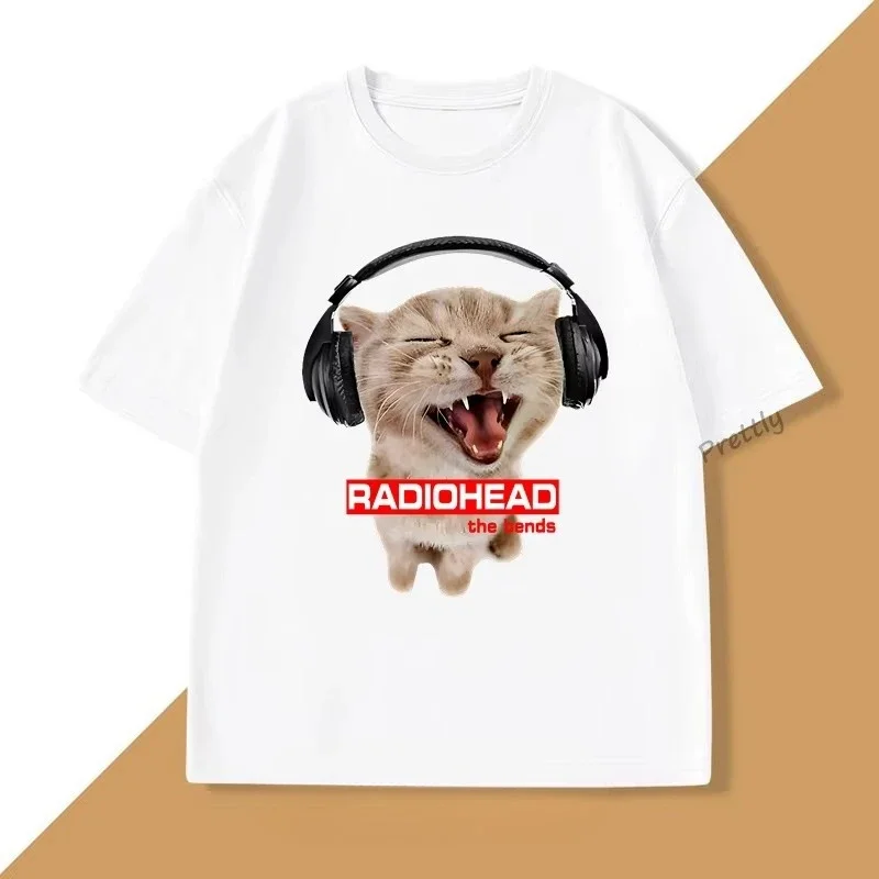 Lustiges Headset-Katzen-Radiohead-The-Bends-Grafik-T-Shirt Unisex Vintage Rockband-Tee Y2K Hip-Hop Streetwear Tops Musik-Fan-T-Shirts – Detail 8
