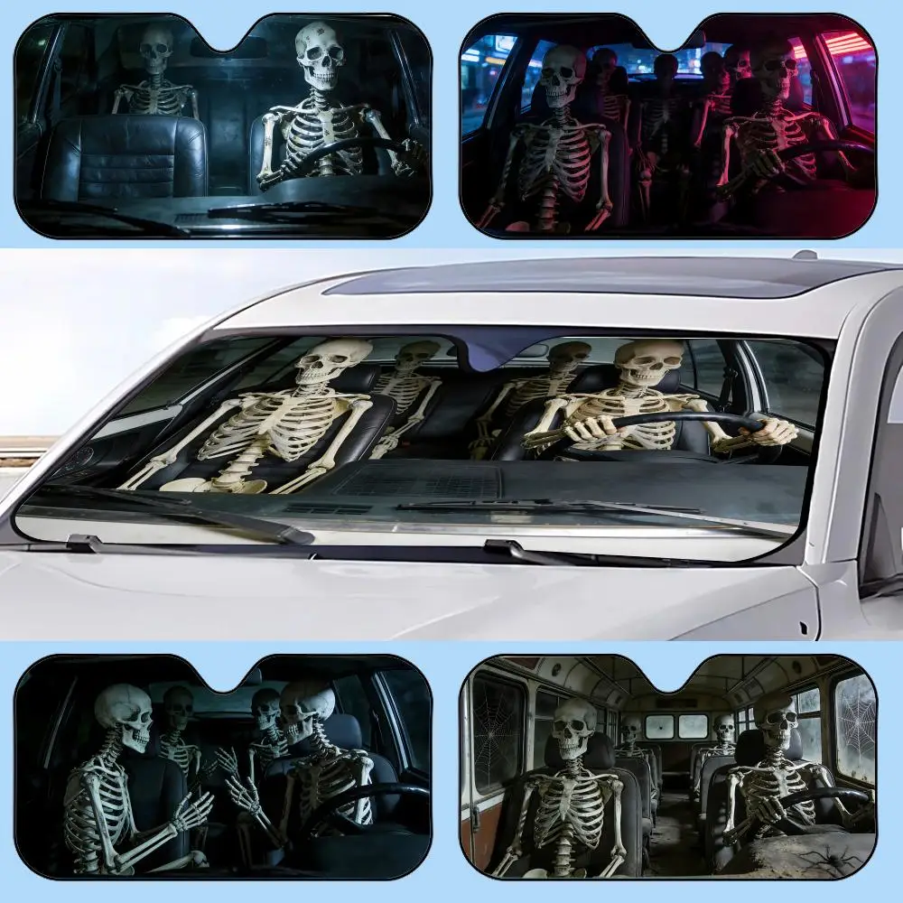 

Human Bones on a car Amusing Sun Visor Retractable Car Sun Visor Anti-Glare UV Protection Front Window Sunshade