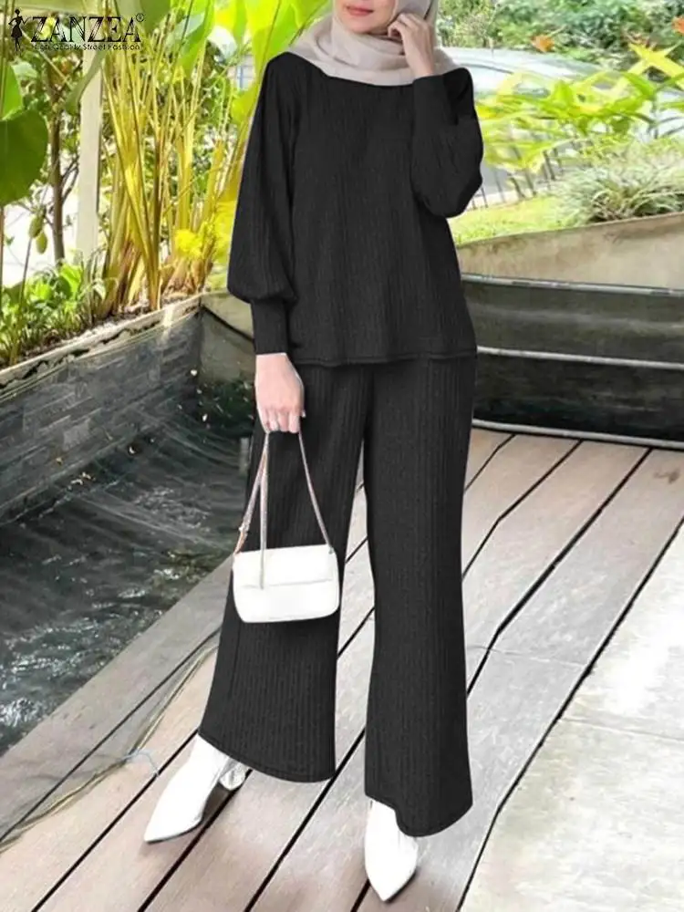 ZANZEA Ribbed Long Sleeve Tops 2-Piece Sets Fashion Muslim Hijab Solid Wide Leg Trouser Pant Sets Women Autumn 2024 2pcs Outfits