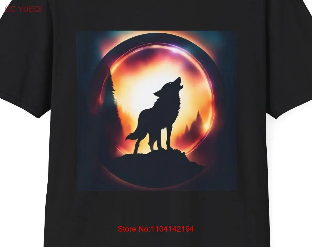 Wolf Howling at the Moon Softstyle T Shirt dog cat nature love gift for him her son daughter present trees mountains fire