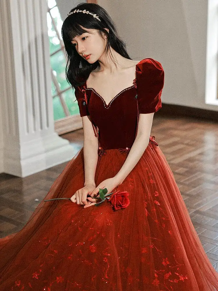 Elegant Short Sleeves Tulle A-line Floor Length Wedding Dress Women Burgundy Party Gown Toast Clothing