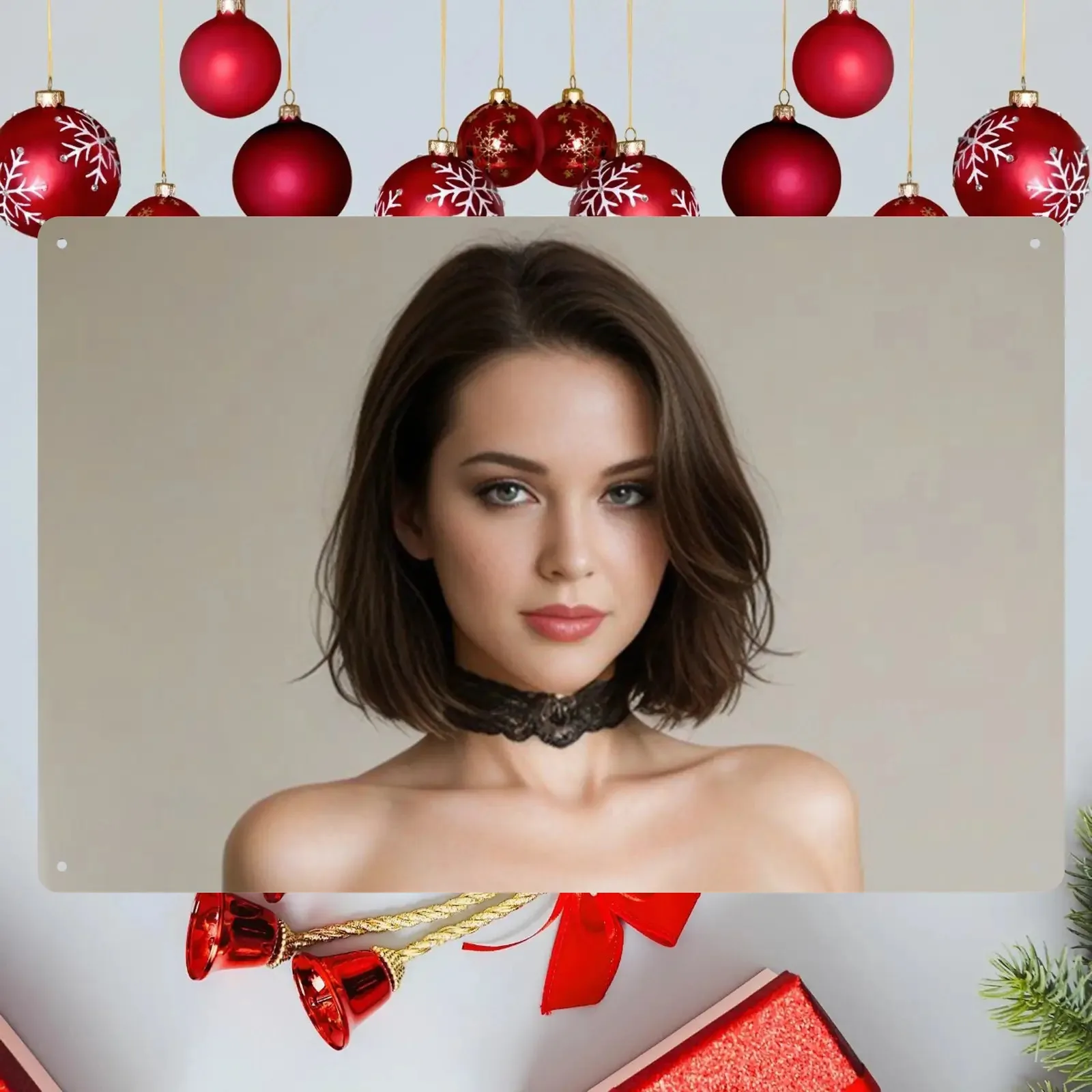 Vintage Retro Elegant Short Wavy Brown Hair Woman with Black Lace Choker 2D Flat HD Metal Picture Wall Art Decor for Home Living