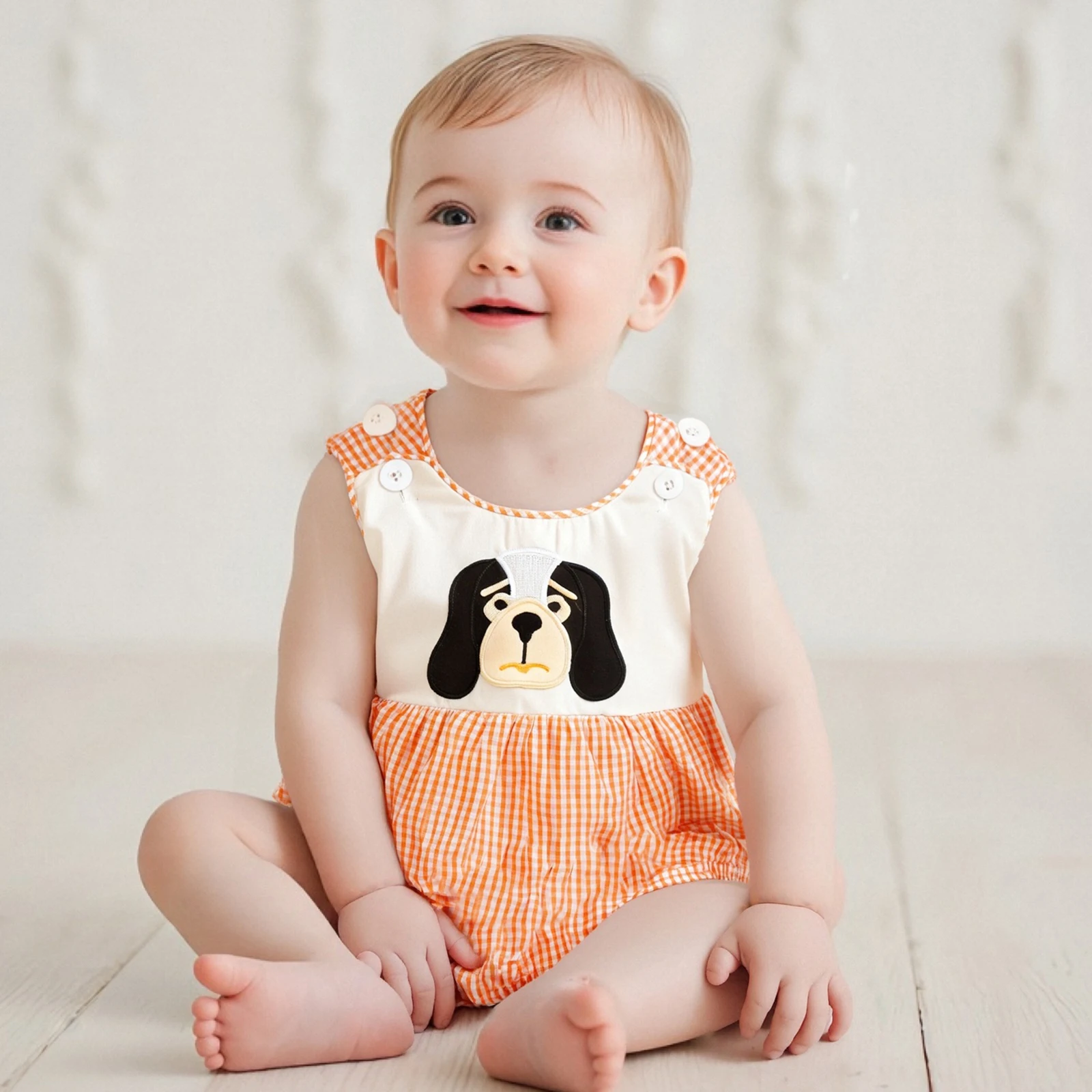 

Baby Boy Overalls Animal Embroidery Plaid Print Sleeveless Round Neck Jumpsuit Summer Romper